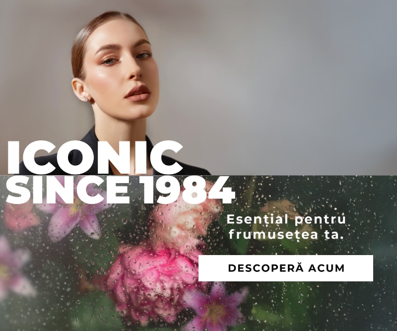 Campanie de brand iconic din 1984, cu flori roz și mesaj inspirațional pentru produse de frumusețe.