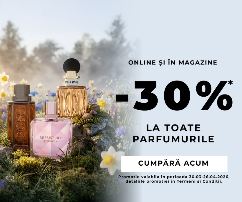 Selecție de parfumuri de brand pe fundal floral, promoție online și în magazine cu reducere de 30%.