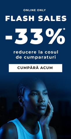 Banner promoțional Flash Sales cu reducere de 33% la coș și buton Cumpără Acum.