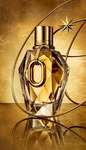 Parfum Rabanne Million Gold – sticlă aurie cu design geometric pe fundal luxos auriu.