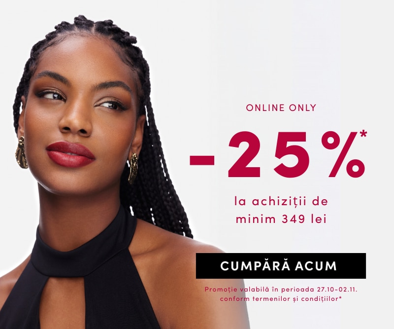 Promoție online: 25% reducere la cumpărături de minim 349 lei, valabilă 27.10–02.11. Imagine cu femeie purtând cercei aurii și ruj roșu