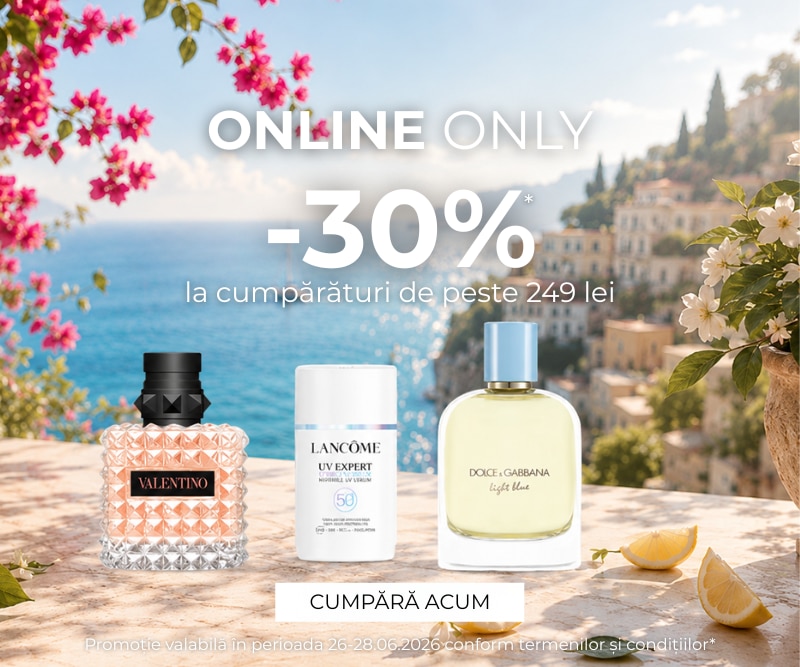 ONLINE ONLY -30% la cumpărături de peste 249 lei, parfumuri Valentino, Lancôme și Dolce &amp; Gabbana pe fundal coastă mediteraneană