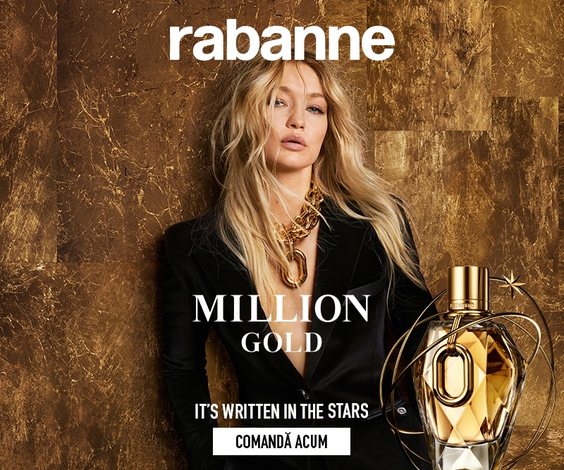 Parfum Rabanne Million Gold – sticlă elegantă aurie pe fundal texturat, lux și rafinament. Comandă acum online