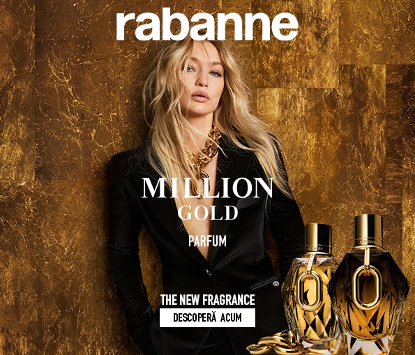 Imagine publicitară cu parfumurile Million Gold de la Rabanne – două sticle aurii în prim-plan, alături de o persoană elegantă în negru și mesajul &apos;THE NEW FRAGRANCE DESCOPERĂ ACUM&apos;. Ideal pentru promovarea unui parfum de lux.