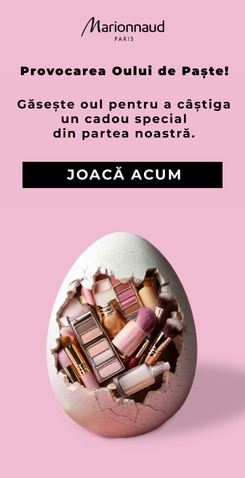 Provocarea Ou­lui de Paște: ou de Paște deschis plin cu produse cosmetice pe fundal roz, cu textul „Găsește oul pentru a câștiga un cadou special din partea noastră” și buton „Joacă acum”.