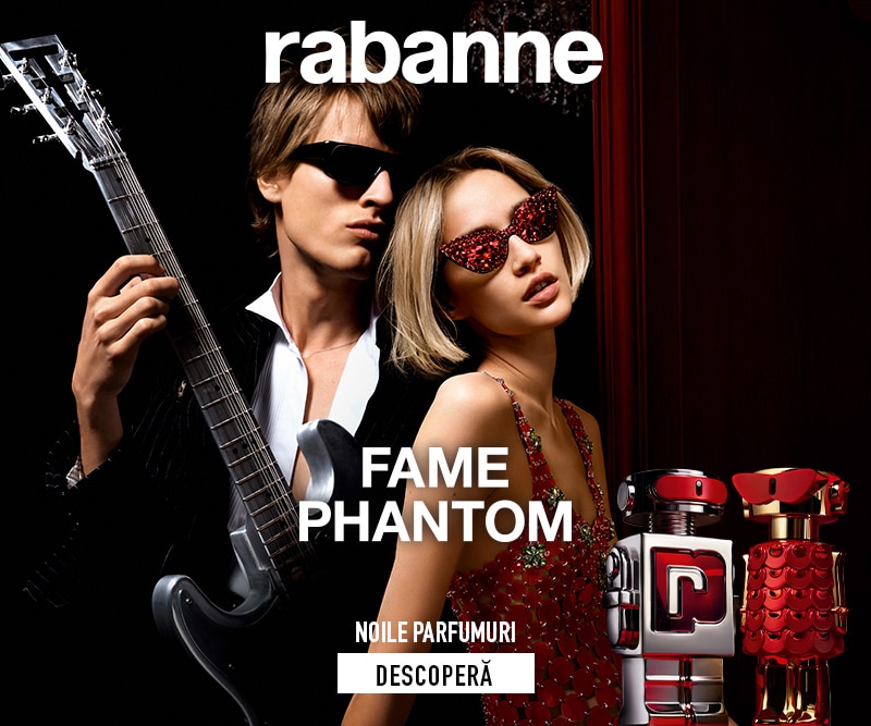 Parfumurile Rabanne Fame și Phantom prezentate într‑un decor glam rock alături de noile flacoane.