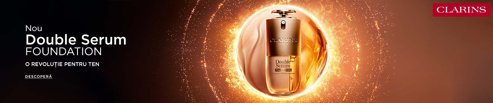 Fond de ten Clarins Double Serum Foundation, flacon auriu, cu efect de îngrijire a pielii și finisaj natural.