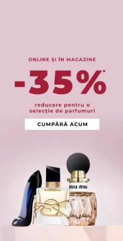 Reducere de 35% la o selecție de parfumuri, cu flacoane elegante expuse pe fundal roz, disponibil online și în magazine.