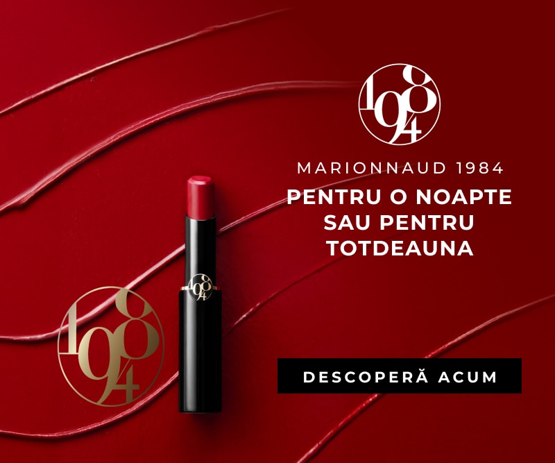 Ruj Marionnaud 1984 în nuanță roșie pe fundal elegant roșu.