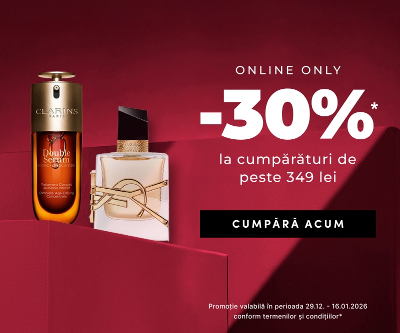 Promoție online -30% la cumpărături peste 349 lei, imagine cu ser Clarins Double Serum și parfum Yves Saint Laurent pe fundal roșu