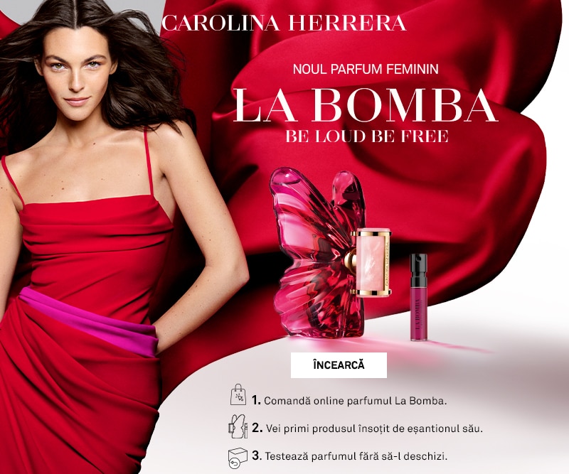Parfumul Carolina Herrera La Bomba pentru femei, cu flacon elegant și motiv de fluture, promovat alături de eșantion – comandă online și testează fără deschidere.