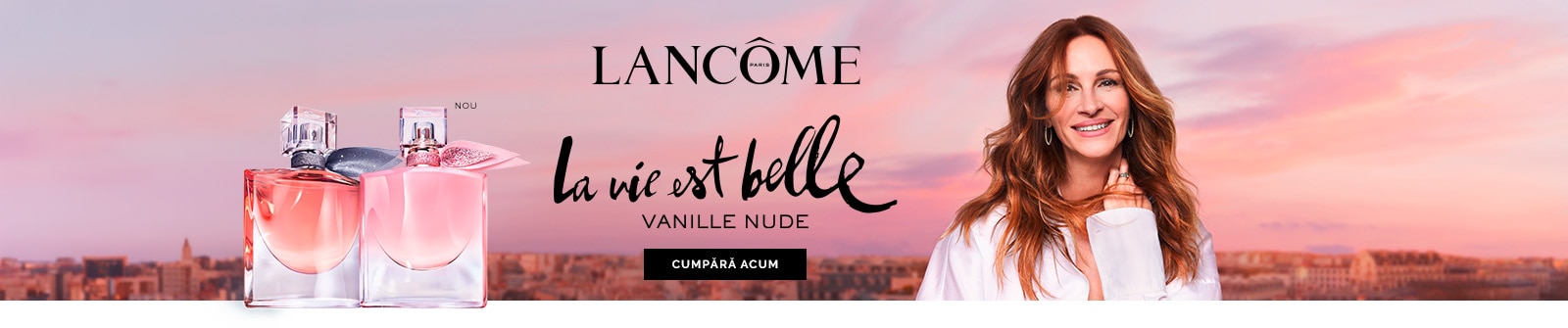 Apă de parfum La Vie Est Belle Vanille Nude Lancôme, flacoane roz și mesaj „Cumpără acum