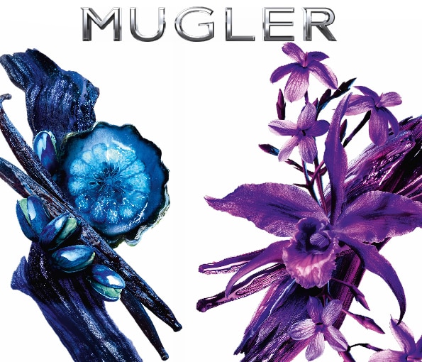MUGLER – logo alb pe fundal albastru închis