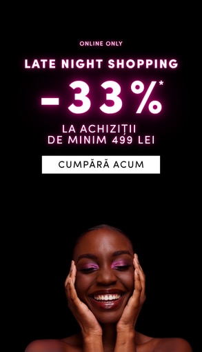 Late Night Shopping online: reducere 33% la achiziții de minimum 499 lei. Fundal negru cu text roz și buton Cumpără acum
