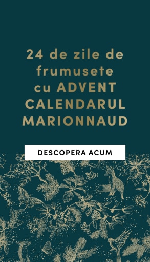 Calendar Advent Marionnaud – 24 de zile de frumusețe, design elegant cu motive botanice aurii pe fundal verde.