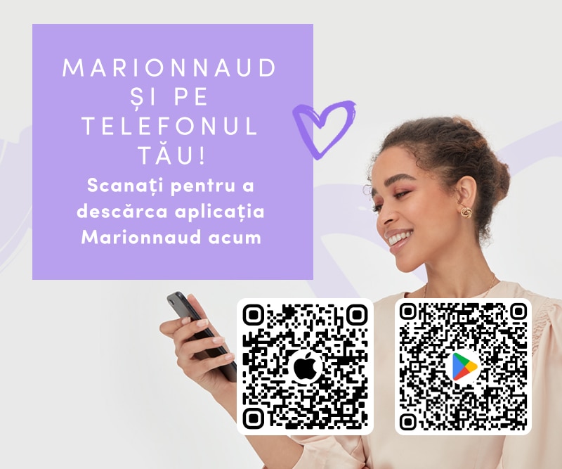 Descărcați aplicația Marionnaud pe telefonul mobil prin scanarea codurilor QR pentru App Store și Google Play – simplu, rapid și comod.