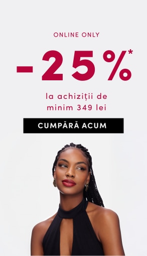 Promoție online: reducere 25% la achiziții de minimum 349 lei, valabilă între 27 octombrie și 2 noiembrie. Fundal alb cu text roșu și buton Cumpără acum.