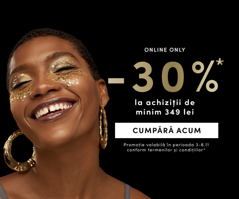Promoție online: reducere 30% la cumpărături de minimum 349 lei, valabilă între 3-6 noiembrie. Buton cu text Cumpără acum pe fundal negru.