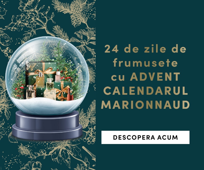 Glob decorativ cu cadouri și produse cosmetice, mesaj „24 de zile de frumusețe cu Advent Calendarul Marionnaud”, fundal cu motive de Crăciun și buton „Descoperă acum”