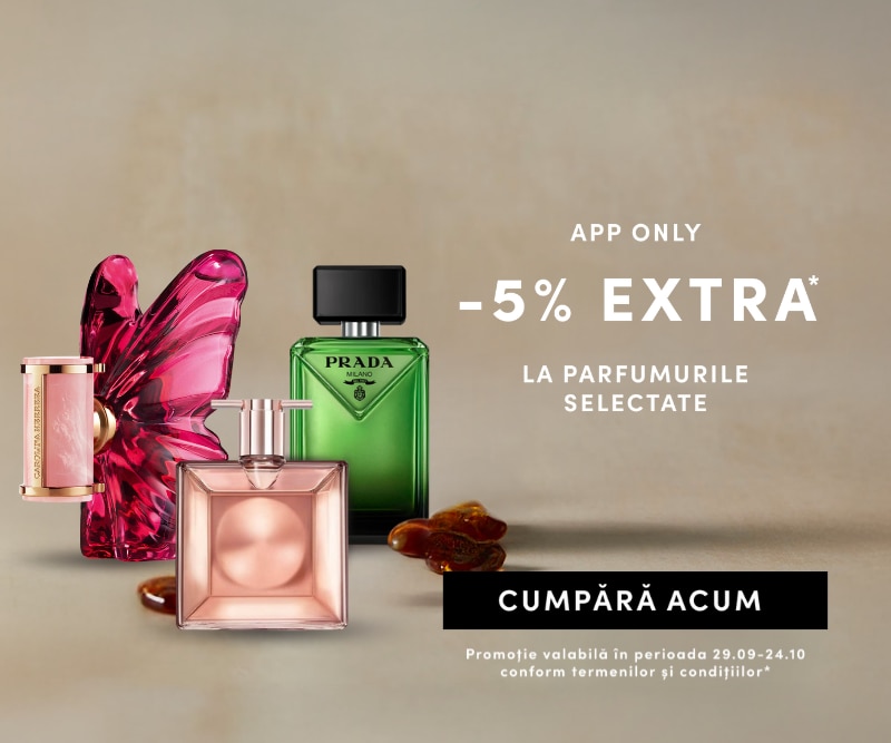 Reducere exclusivă în aplicație: -5% la parfumuri selectate, inclusiv Prada – valabilă între 29 septembrie și 24 octombrie