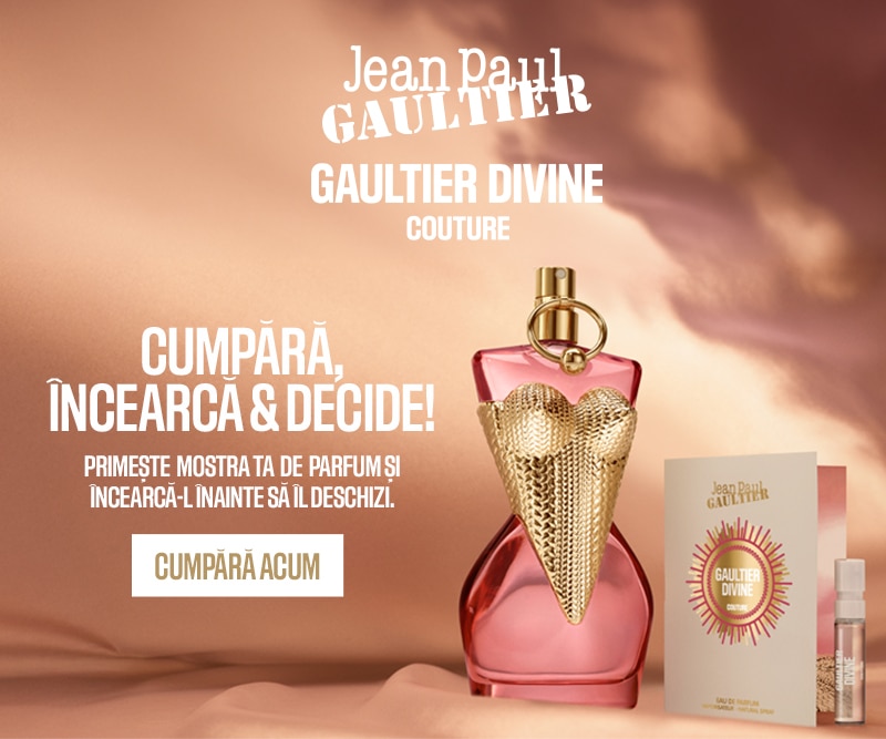 Parfum Jean Paul Gaultier Gaultier Divine Couture, sticlă roz cu design corset, ambalaj și mostră de parfum.