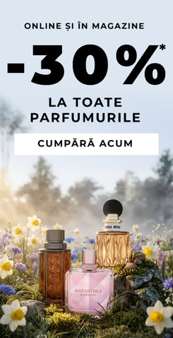 Selecție de parfumuri de brand pe fundal floral, promoție online și în magazine cu reducere de 30%.