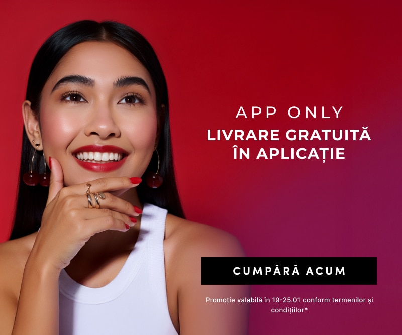 Banner promoțional cu livrare gratuită în aplicație, ofertă disponibilă exclusiv în app.