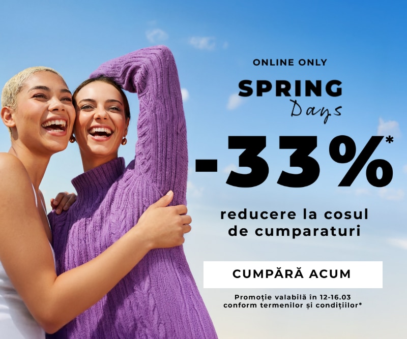 Banner promoțional Spring Days cu reducere de 33% la coș și buton de cumpărare.