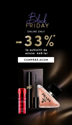 Black Friday online: reducere 33% la achiziții de minimum 449 lei, valabilă între 7-9 noiembrie. Imagine cu parfum Prada și produse cosmetice Clarins, fundal elegant negru-auriu.