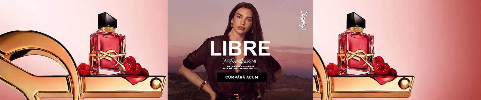 Parfumurile YSL Libre în nuanțe aurii și rubinii, prezentate pe fundal elegant la apus.