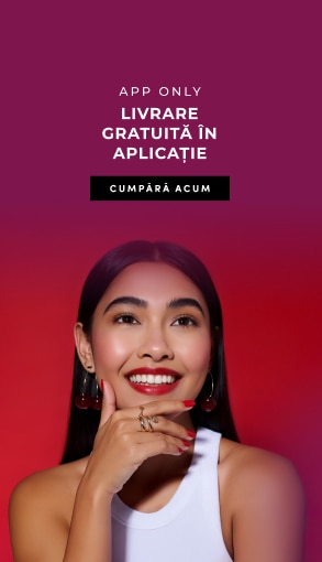 Banner promoțional cu livrare gratuită în aplicație, ofertă disponibilă exclusiv în app.