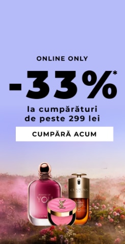 Reducere de 33% la o selecție de produse de frumusețe pentru comenzi online peste 299 lei, pe fundal floral.