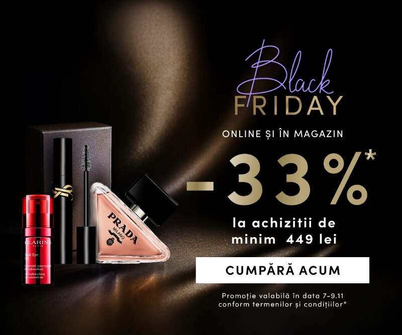 Black Friday online: reducere 33% la achiziții de minimum 449 lei, valabilă între 7-9 noiembrie. Imagine cu parfum Prada și produse cosmetice Clarins, fundal elegant negru-auriu.
