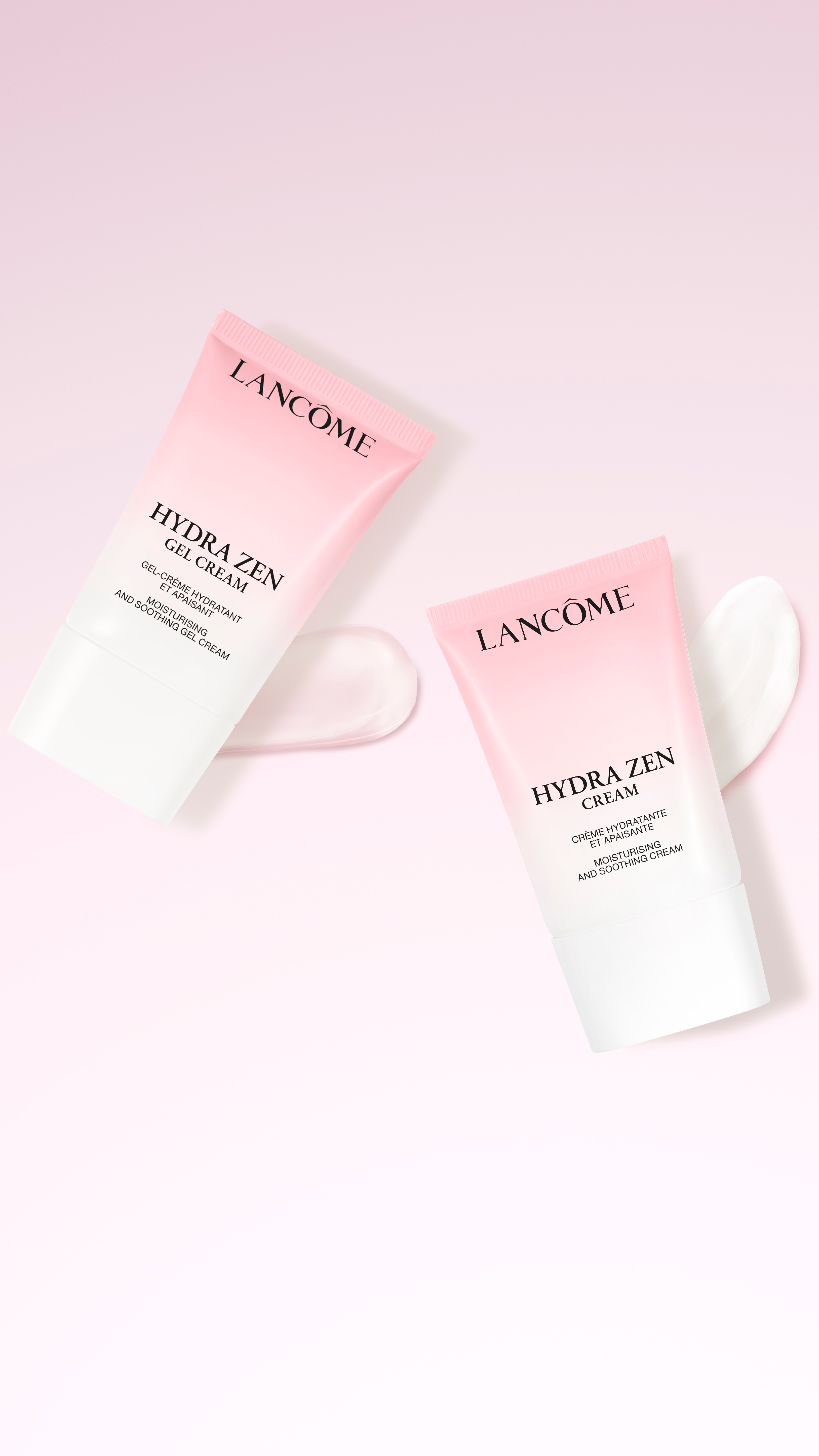 Cremă Hydra Zen și Gel Cream Lancôme, text „Moisturising and soothing cream