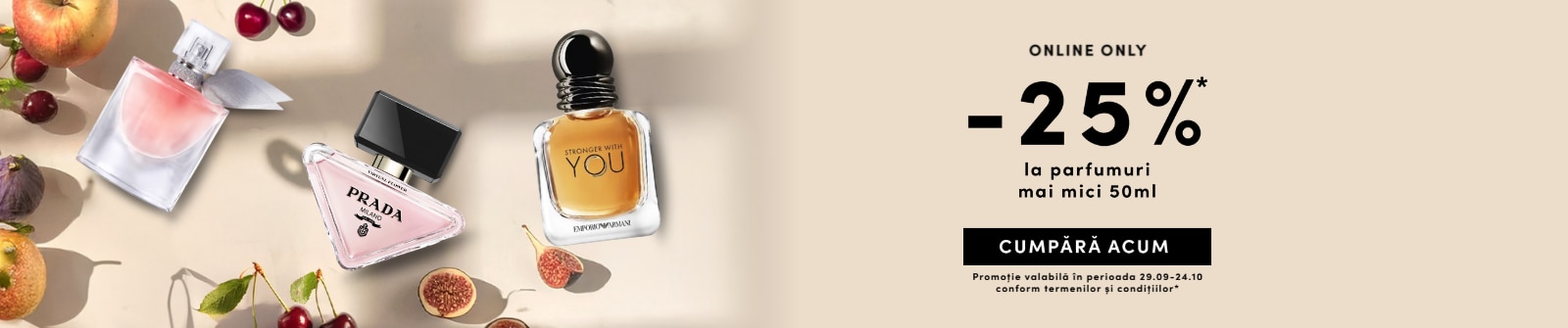 Promoție online: 25% reducere la parfumuri sub 50ml, valabilă între 29.09 și 24.10.