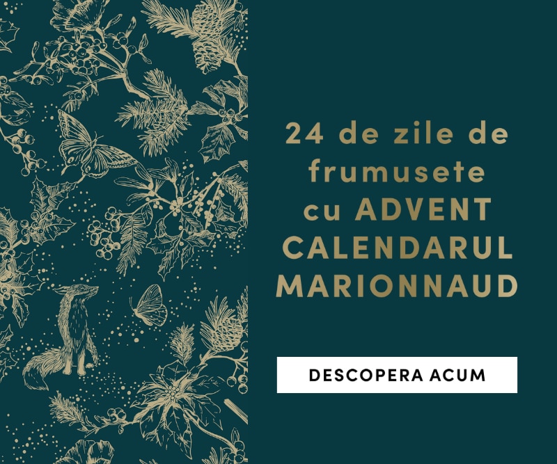 Calendar Advent Marionnaud – 24 de zile de frumusețe, design elegant cu motive botanice aurii pe fundal verde.