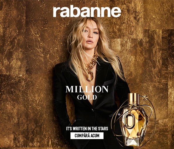 Parfumul Rabanne Million Gold într-un flacon auriu elegant pe fundal texturat auriu, alături de textul promoțional