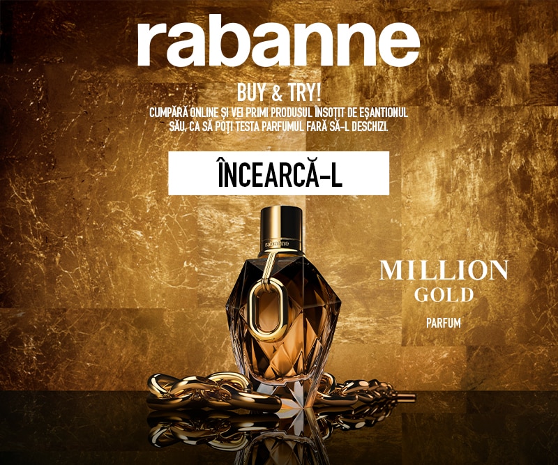 Parfum Rabanne Million Gold pe fundal auriu, promoție Buy &amp; Try – cumpără online și primești produsul cu eșantion, valabil până la 10.12.2025.