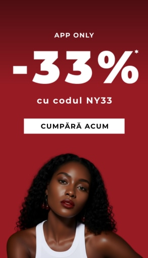 Promoție exclusivă în aplicație, reducere 33% la cumpărături cu codul NY33, valabilă până la 05.01.2026. Fundal roșu, text alb și buton „Cumpără acum”