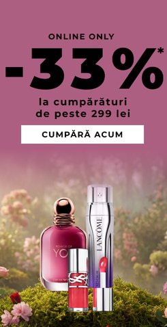 Campanie online, cu reducere de 33% la cumpărături de peste 299 lei, ofertă exclusiv online.