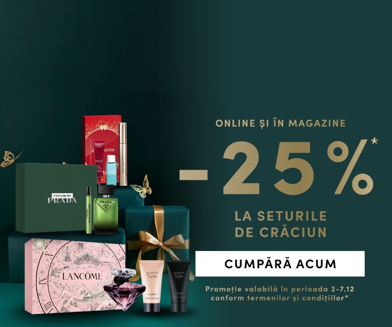 Reducere 25% la seturi cadou de Crăciun – Prada, Lancôme și alte branduri premium, promoție online și în magazine.