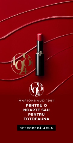 Ruj Marionnaud 1984 în nuanță roșie pe fundal elegant roșu.