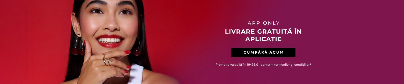 Banner promoțional cu livrare gratuită în aplicație, ofertă disponibilă exclusiv în app.