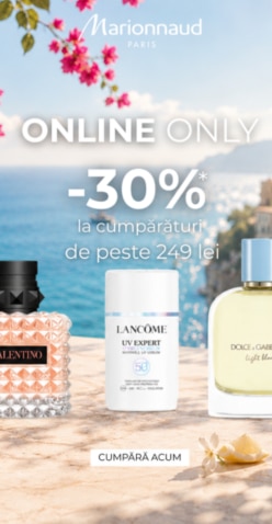 ONLINE ONLY -30% la cumpărături de peste 249 lei, selecție parfumuri și îngrijire pe fundal costier mediteranean