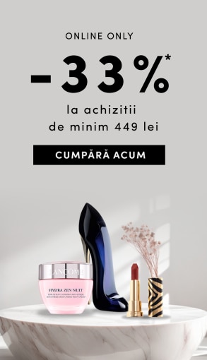 Reducere -33% la achiziții online de minim 449 lei: cremă Lancôme Hydra Zen Nuit, parfum Carolina Herrera și ruj de lux.