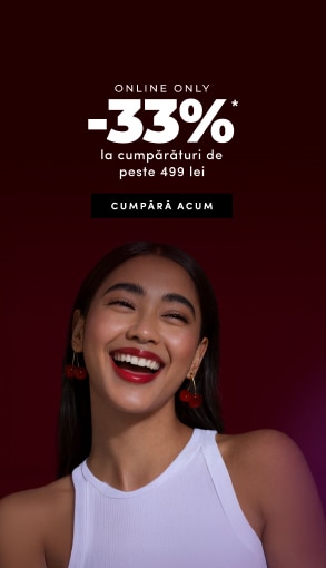 Banner promoțional cu reducere de 33% la cumpărături online de peste 499 lei și buton de cumpărare.