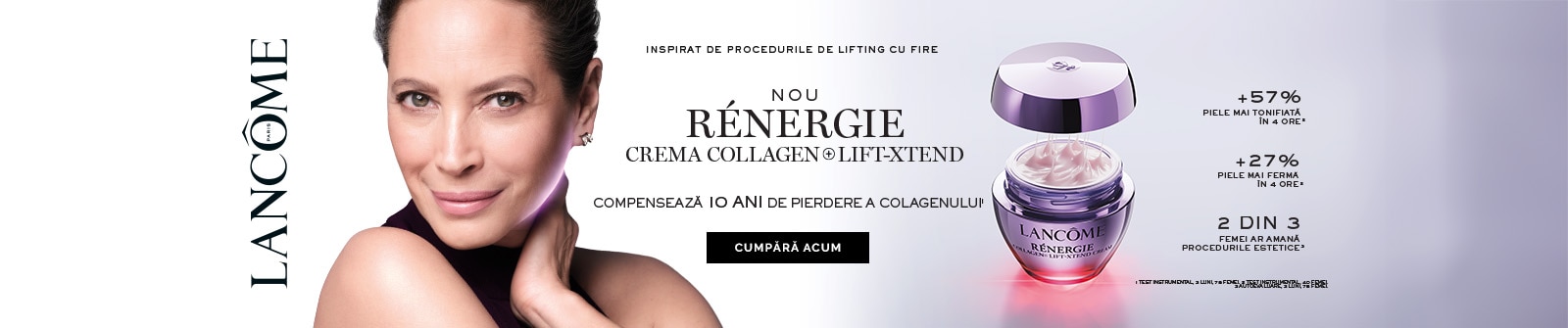 Cremă Rénergie Colagen Lifted Lancôme, borcan mov și text „Cumpără acum