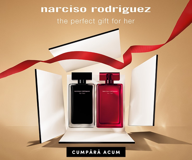Set cadou Narciso Rodriguez For Her cu două parfumuri elegante, ambalaj premium și panglică roșie – cumpără online.