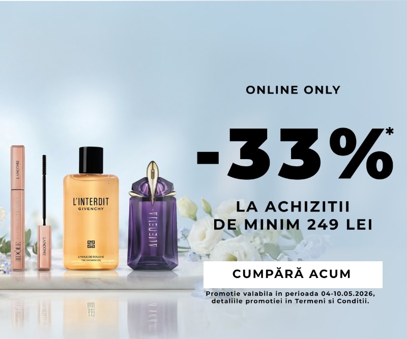 Banner promo online cu produse parfum și beauty, reducere –33 % la achiziții de minimum 249 lei.