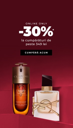 Promoție online -30% la cumpărături peste 349 lei, imagine cu ser Clarins Double Serum și parfum Yves Saint Laurent pe fundal roșu